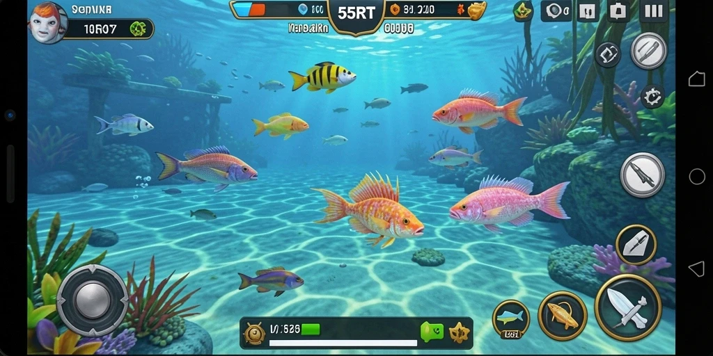 Screenshot utama 55RT menampilkan aksi menembak ikan yang mendebarkan.