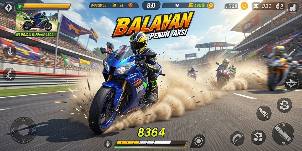 Screenshot gameplay 8364 dengan motor balapan yang sedang melaju.