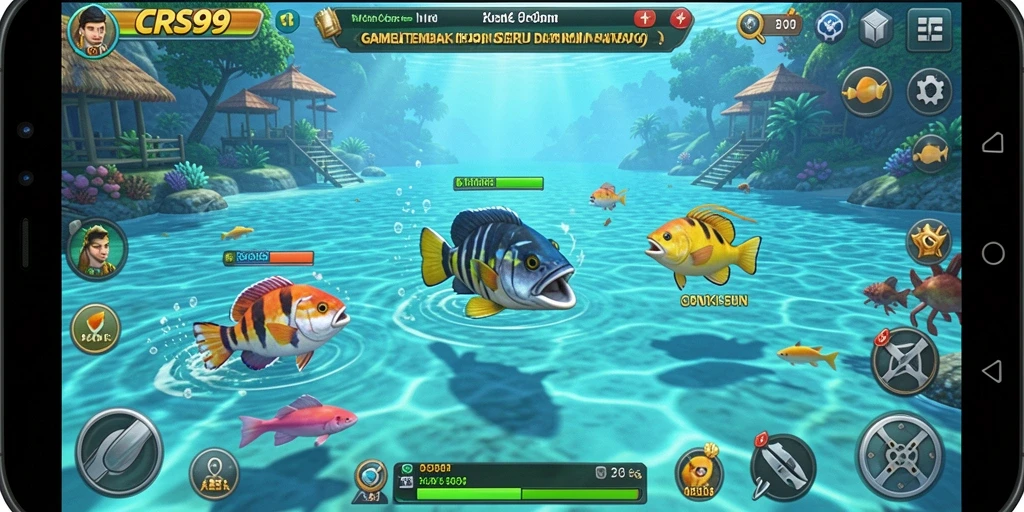 Screenshot CRS99 menampilkan aksi seru tembak ikan di lautan.