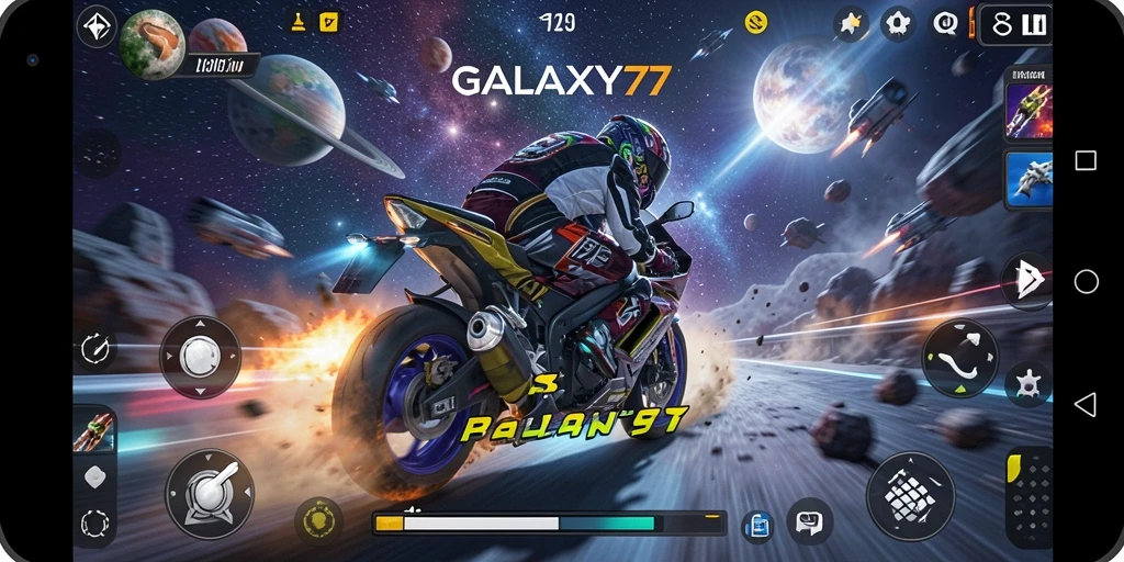 Gameplay seru GALAXY77 dengan balapan motor luar angkasa.