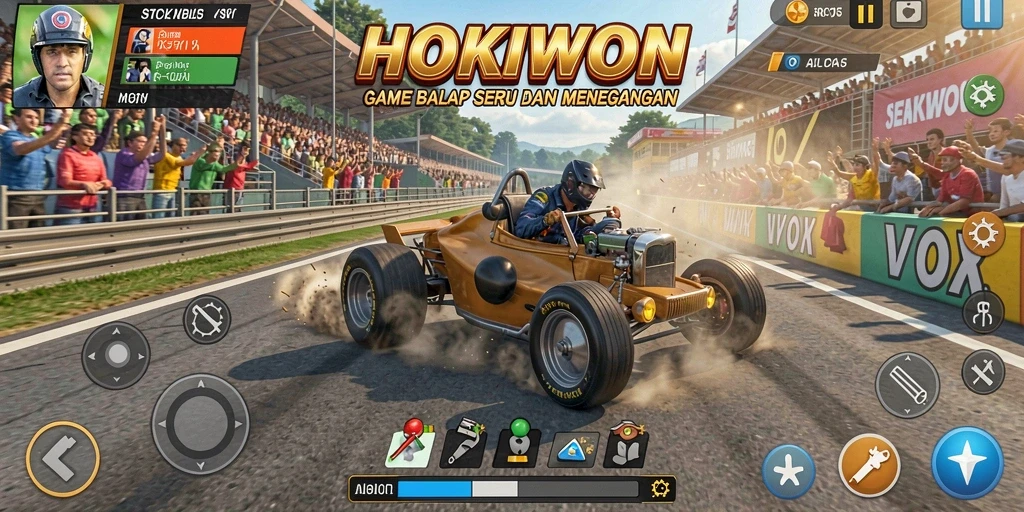 Screenshot gameplay HOKIWON menampilkan balapan yang menegangkan di trek.