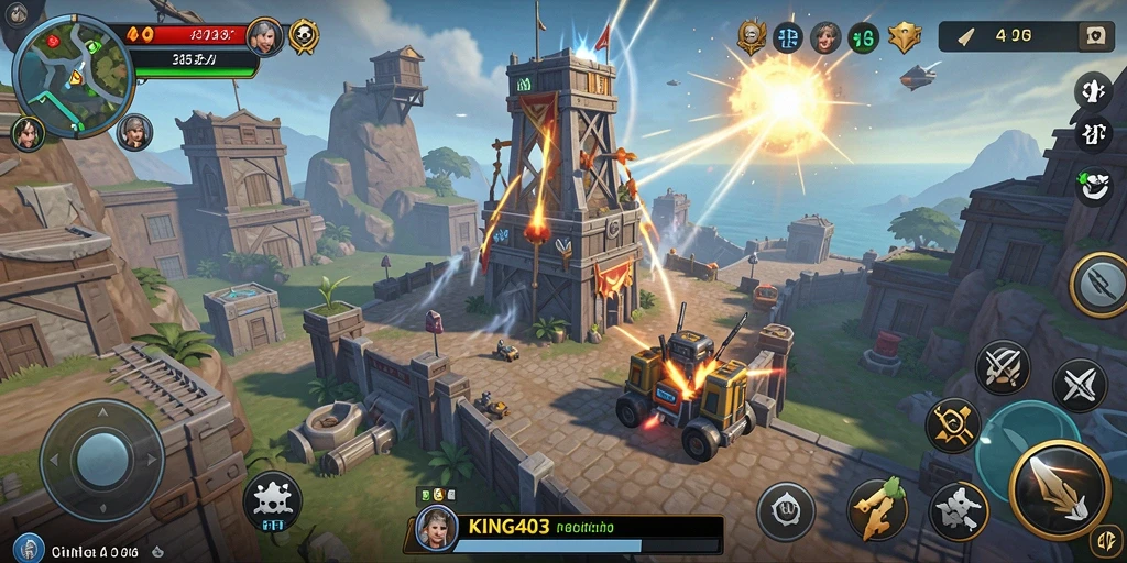Screenshot gameplay KING403 menunjukkan menara bertahan beraksi melawan gelombang musuh.