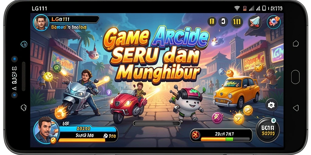 Screenshot menunjukkan gameplay seru dengan tantangan Arcade yang mendebarkan.