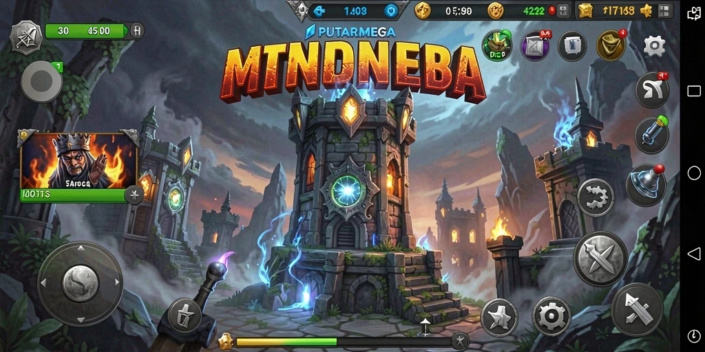 Screenshot gameplay PUTARMEGA yang menunjukkan aksi menara mempertahankan basis.