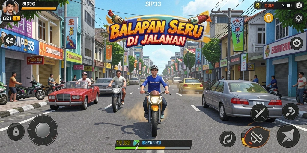 Screenshot SIP33 menampilkan aksi balapan yang mendebarkan di jalanan.