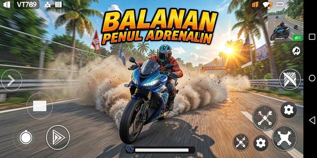 Screenshot gameplay VT789 yang menampilkan balapan motor yang mendebarkan.