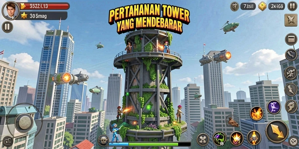Tampilan gameplay ZK7 yang intens dalam pertempuran Tower Defense.